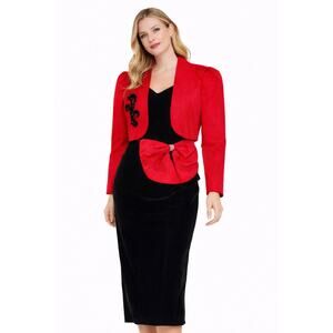 1980s Jitwo’s by Harmon & Co Black Velvet Cocktail Dress w Red Bow XS